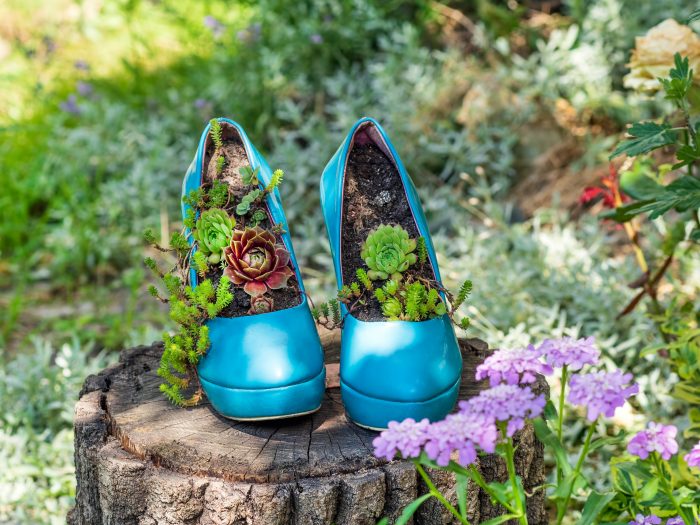 Záhradná dekorácia zo starých topánok