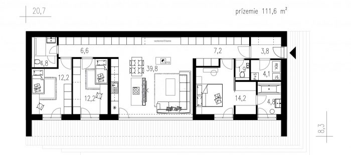 dispozícia bungalovu pôdorys bungalovu pozdĺžneho
